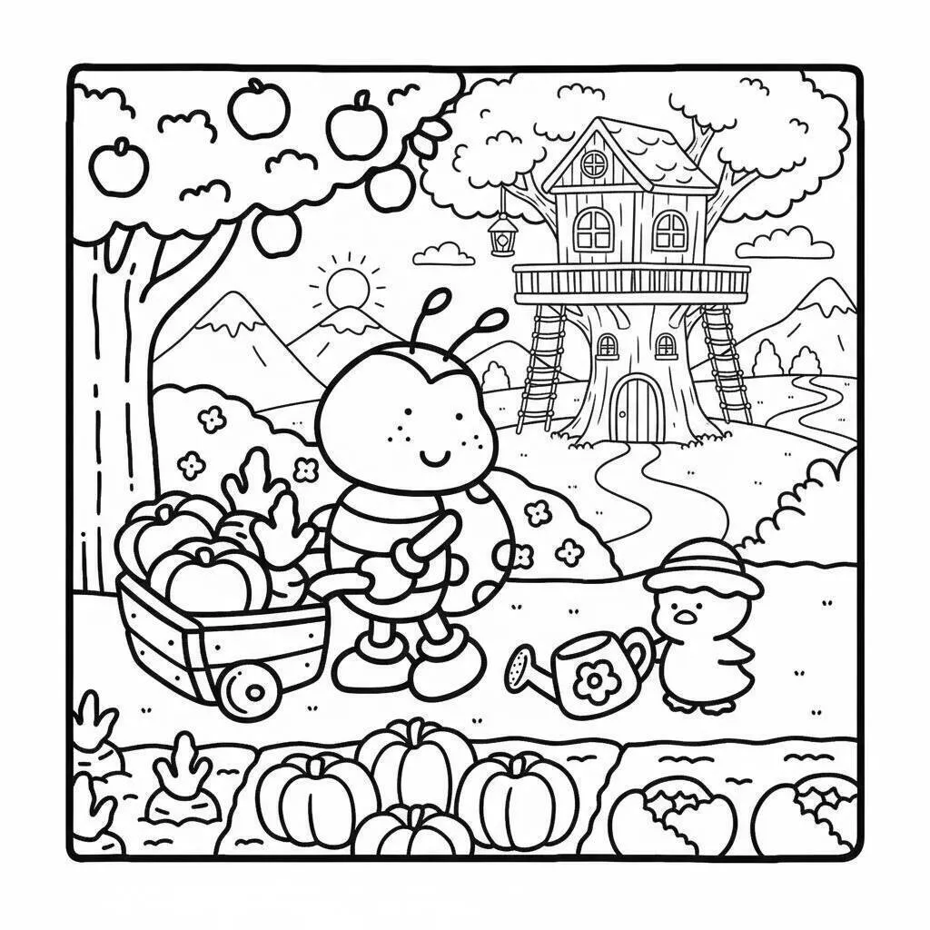 Desenho de Coco Wyo Colhendo Frutas para Colorir