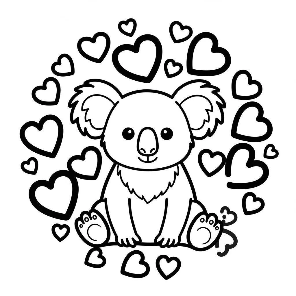 Dibujo de Koala Kawaii rodeado de corazones para colorear