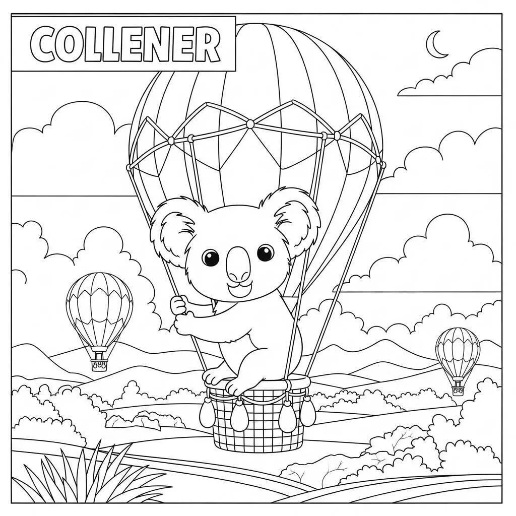 Dibujo de Koala en globo aerostático para colorear