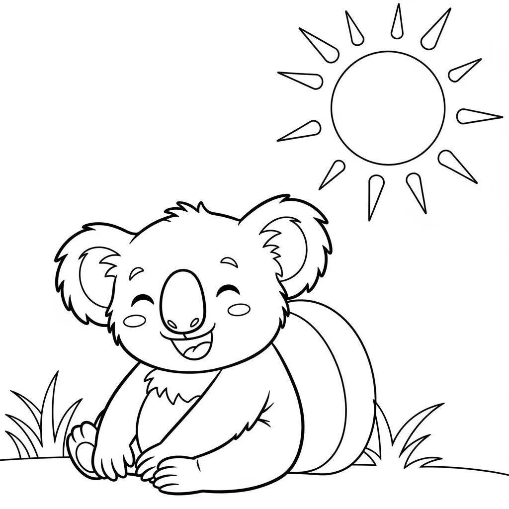 Dibujo de Koala feliz tumbado bajo el sol para colorear