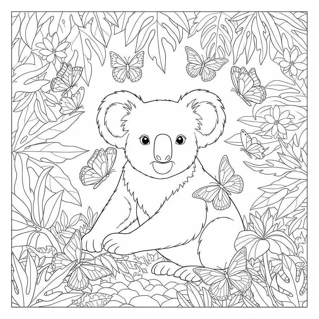 Dibujo de Bebé Koala rodeado de mariposas para colorear