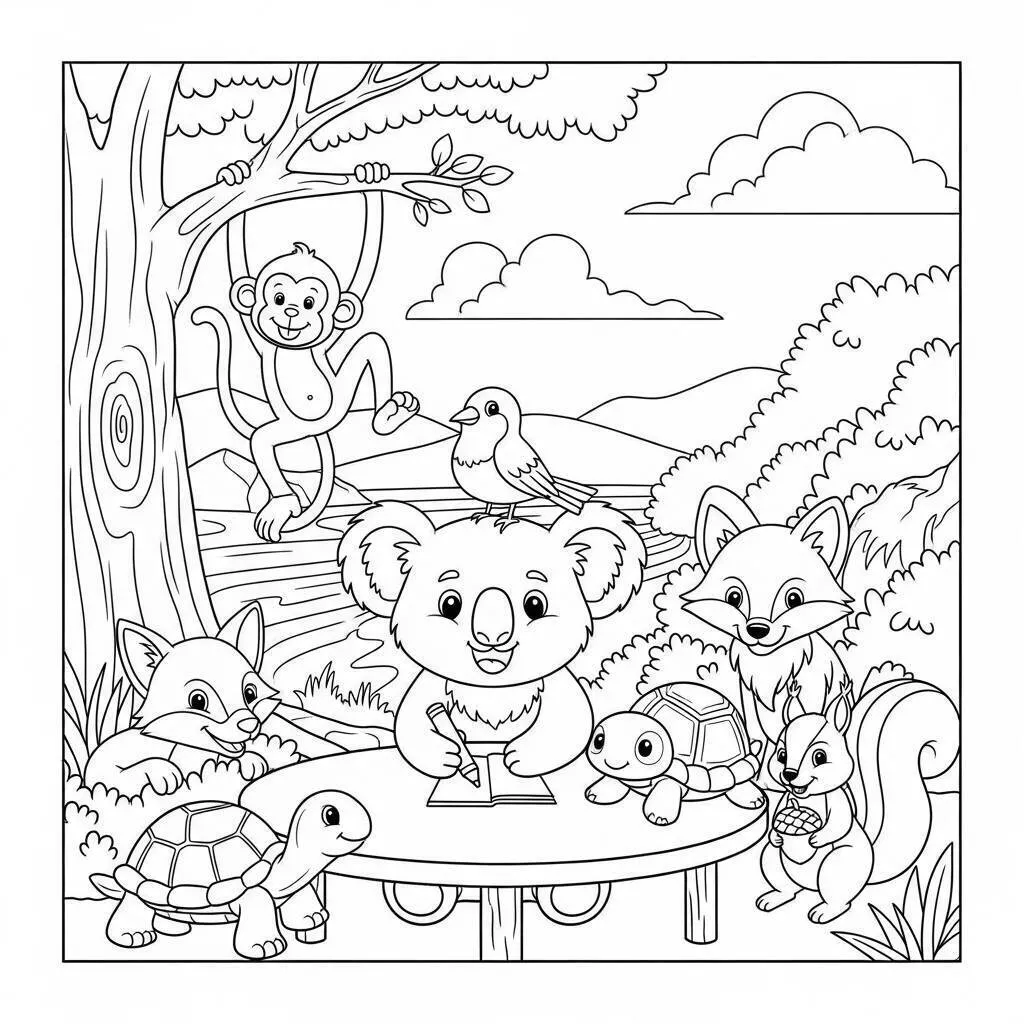 Dibujo de Koala jugando con amigos en el bosque para colorear