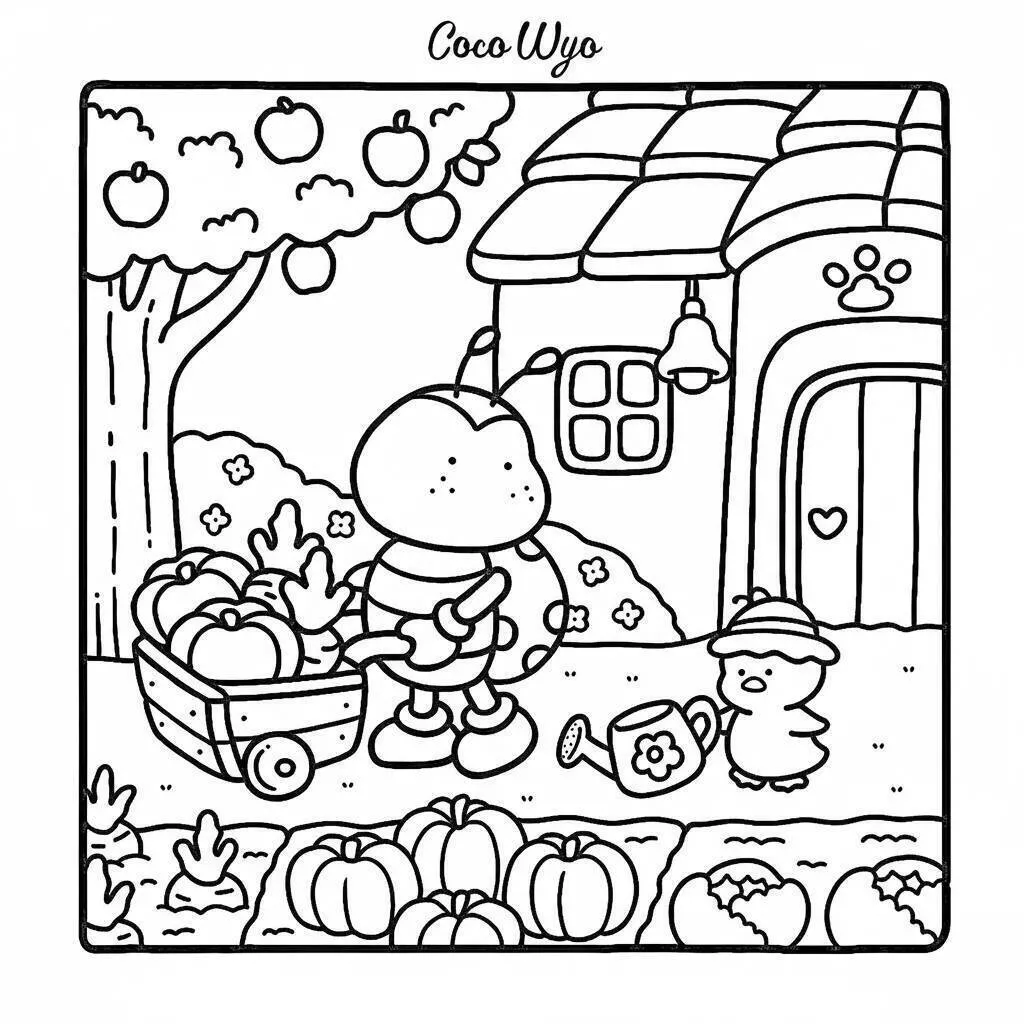 Pagina da colorare di Coco Wyo che raccoglie frutta