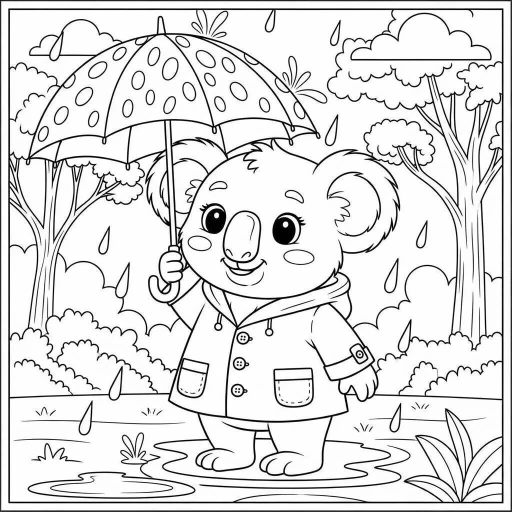 Dibujo de Koala con paraguas bajo la lluvia para colorear