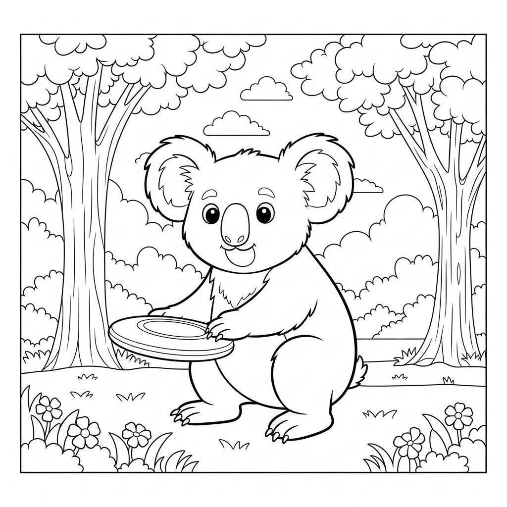 Dibujo de Koala jugando con un plato para colorear