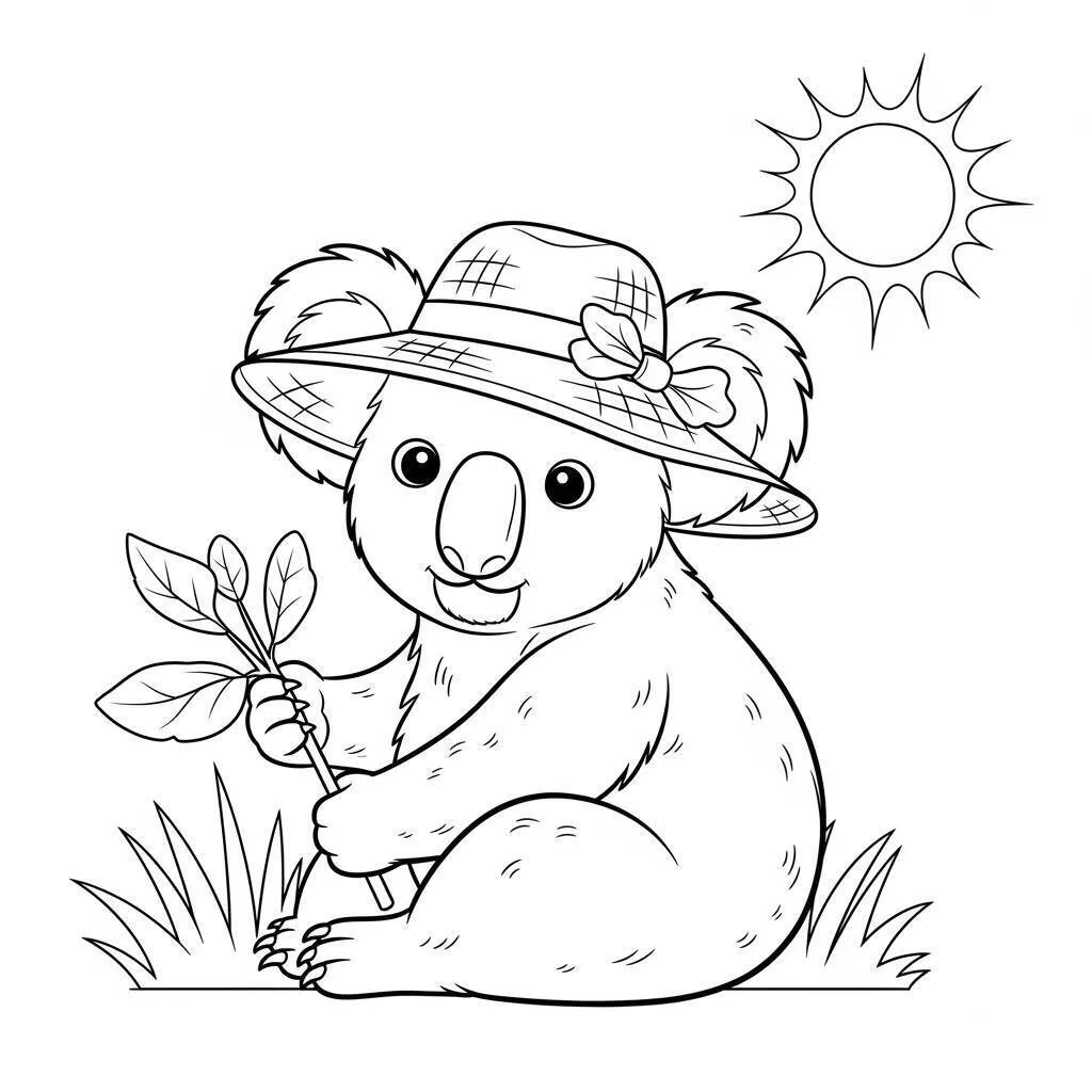Dibujo de Koala con sombrero y hojas para colorear