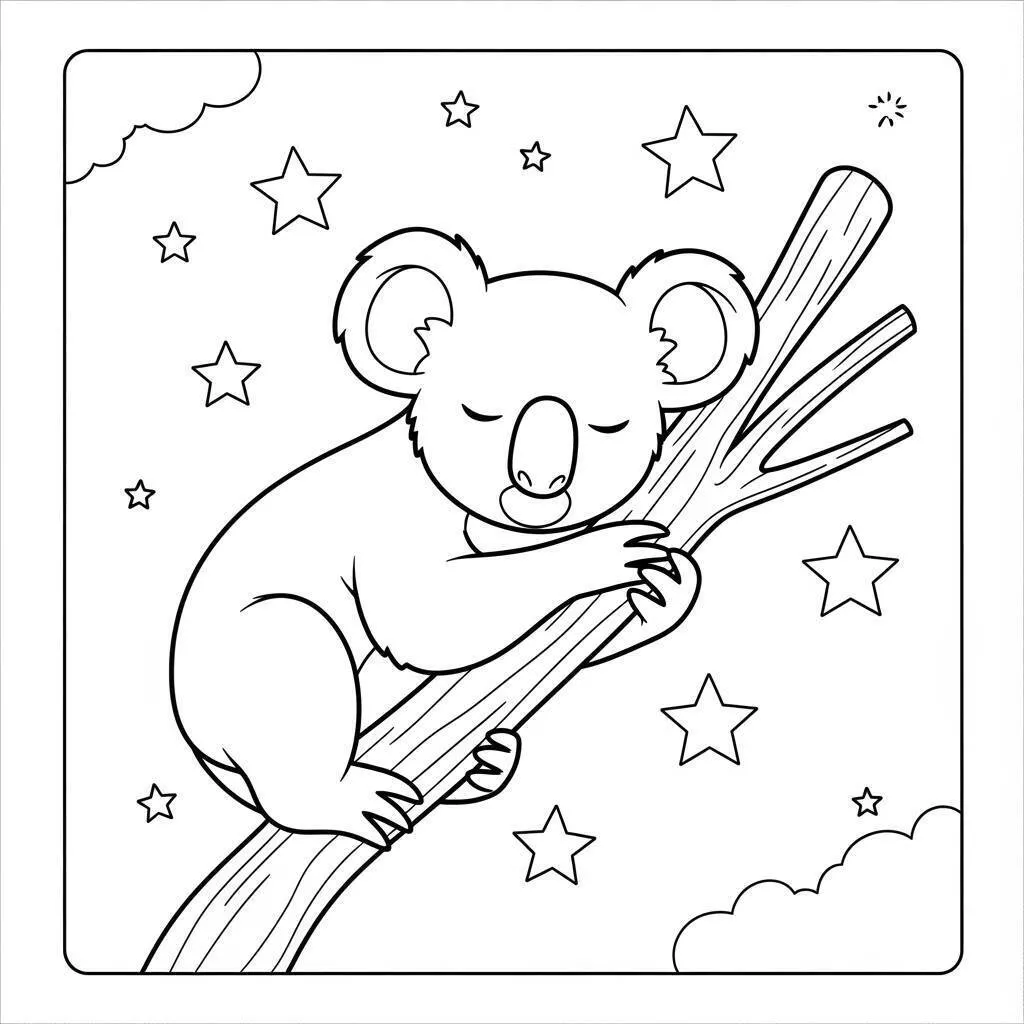 Dibujo de Koala durmiendo sobre un tronco con estrellas para colorear