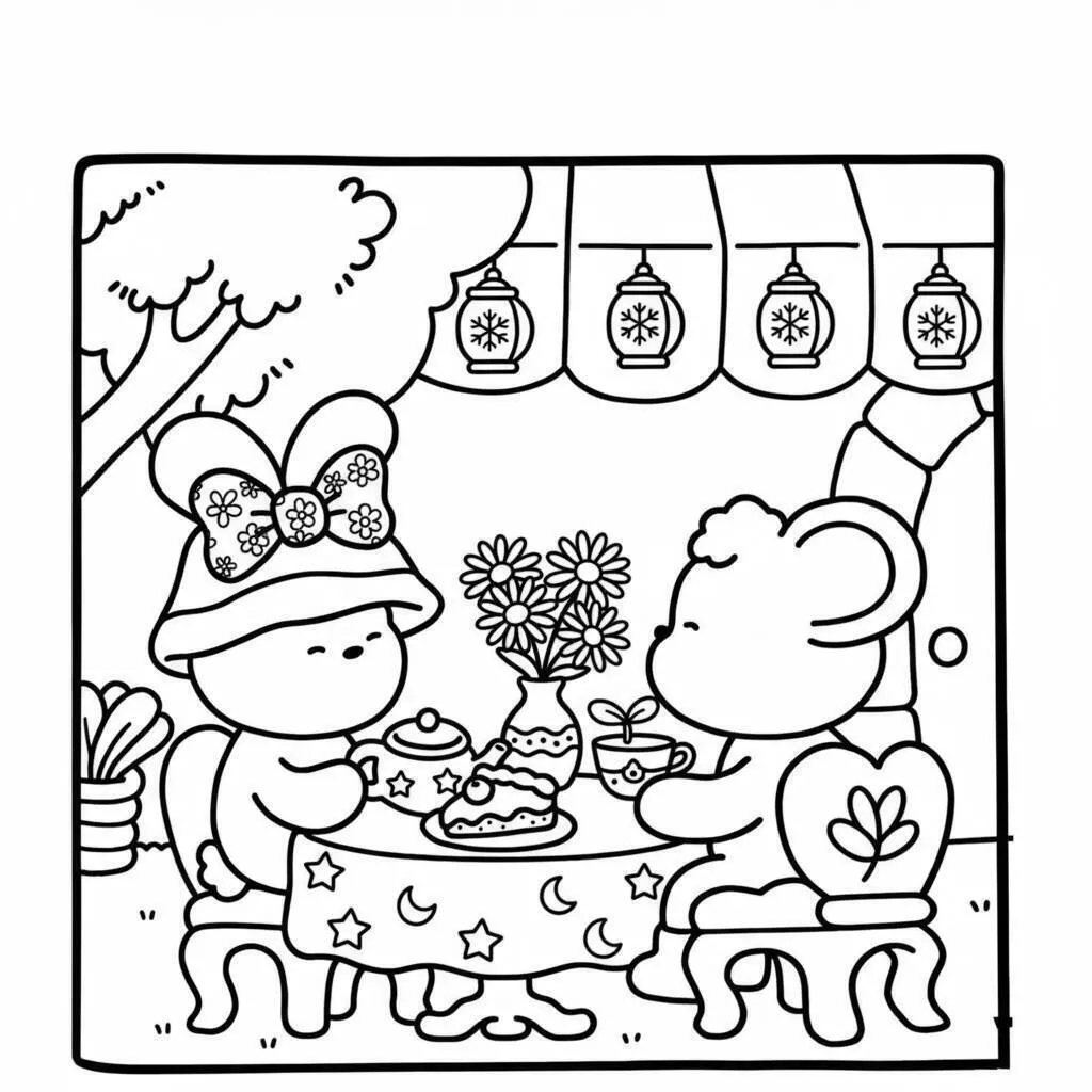 Desenho de Coco Wyo tomando Chá com Amigos para Colorir
