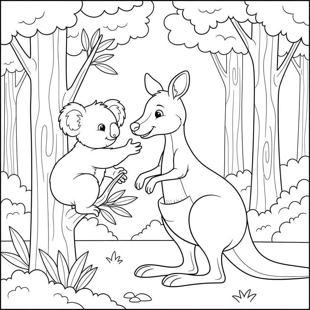 Dibujo de Koala jugando con canguro para colorear