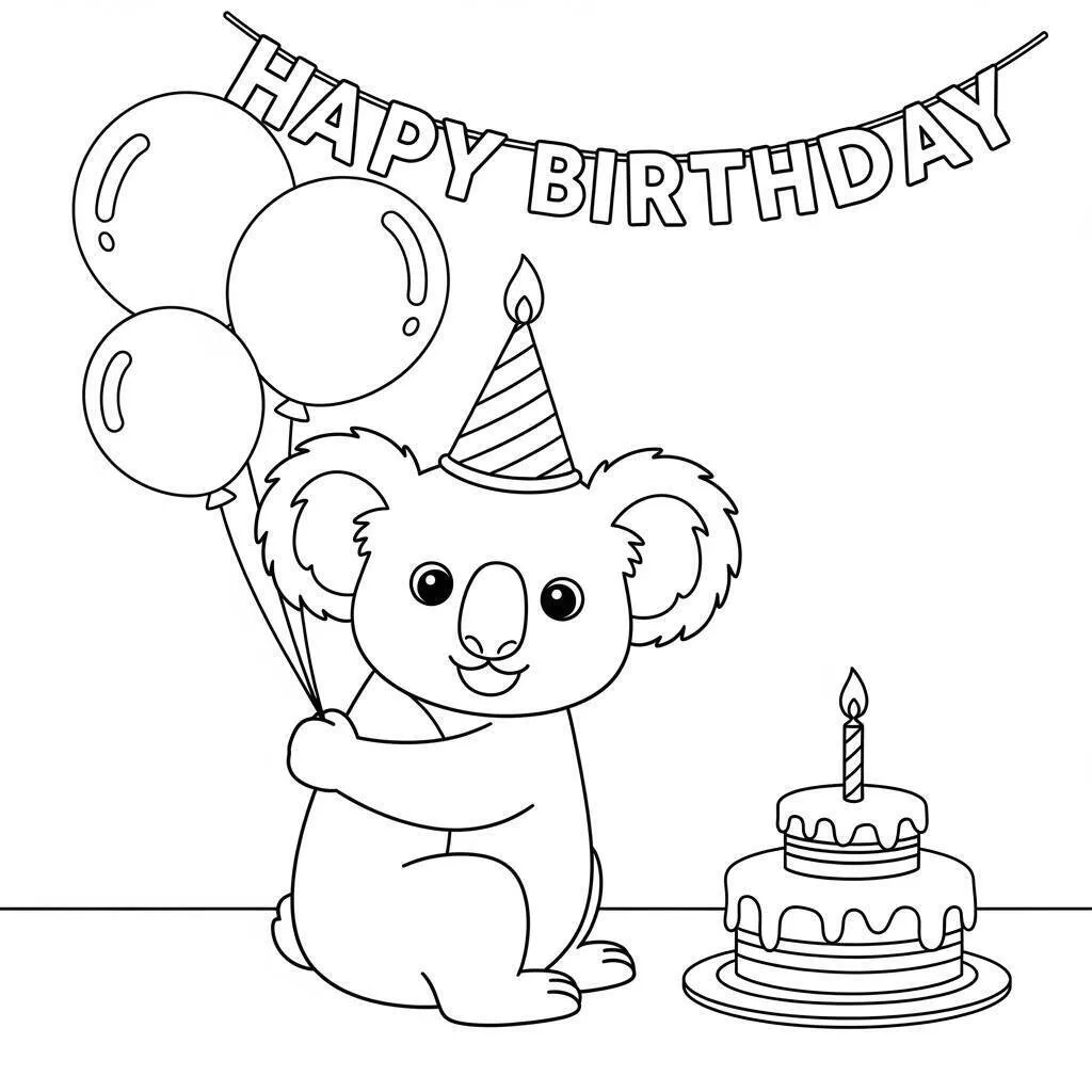 Dibujo de Koala celebrando su cumpleaños con globos para colorear