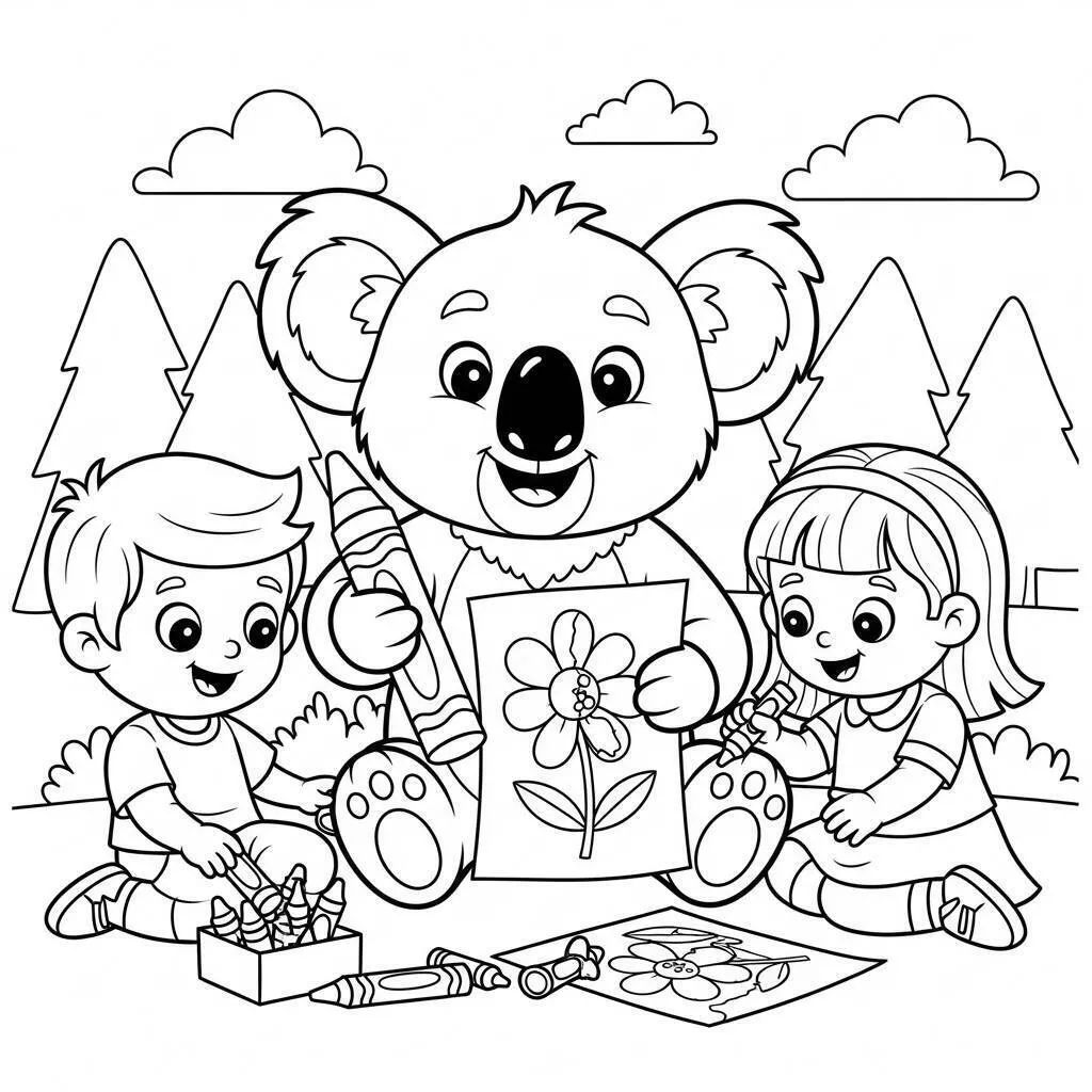 Dibujo de Koala jugando con niños para colorear