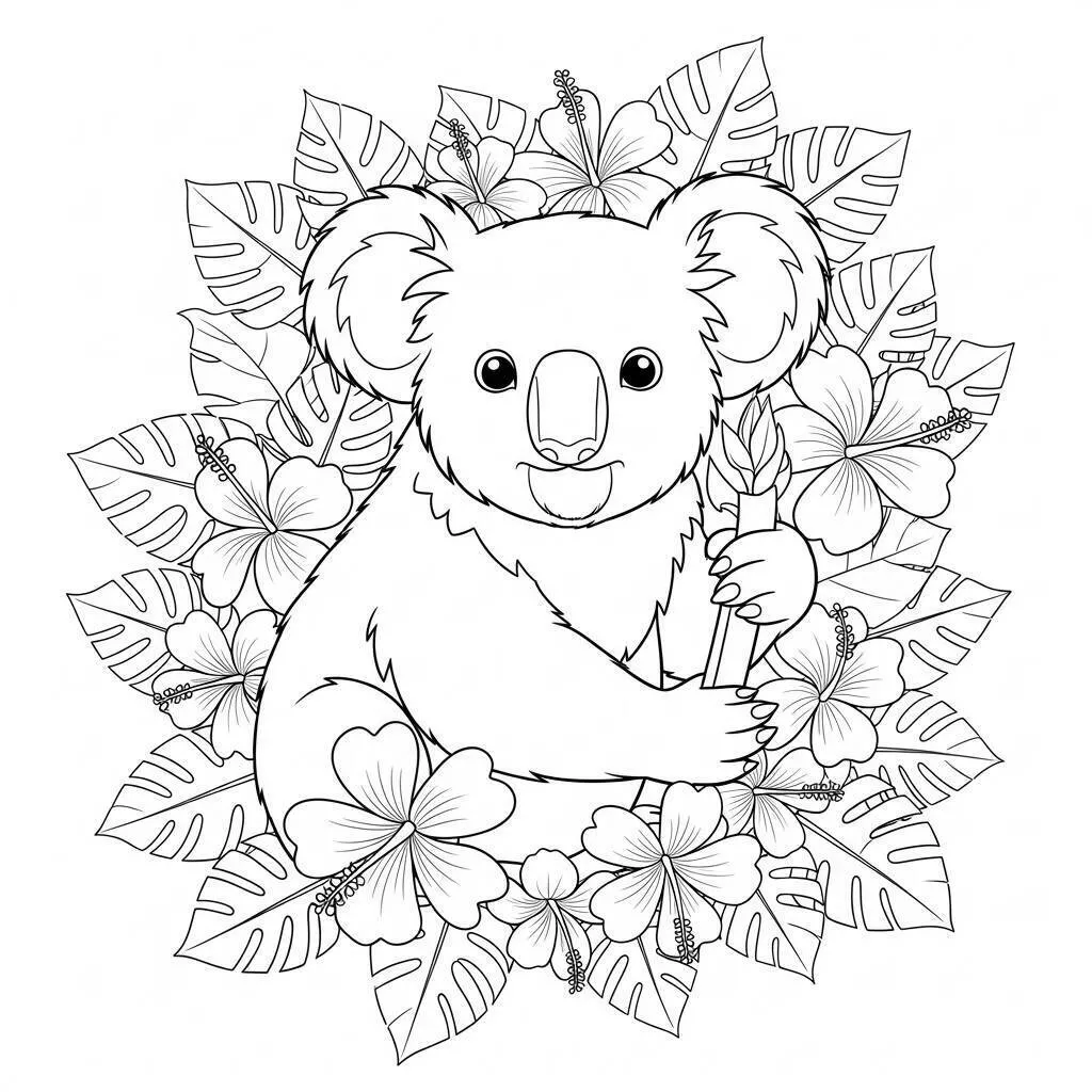 Dibujo de Koala con flores Tropicales para colorear
