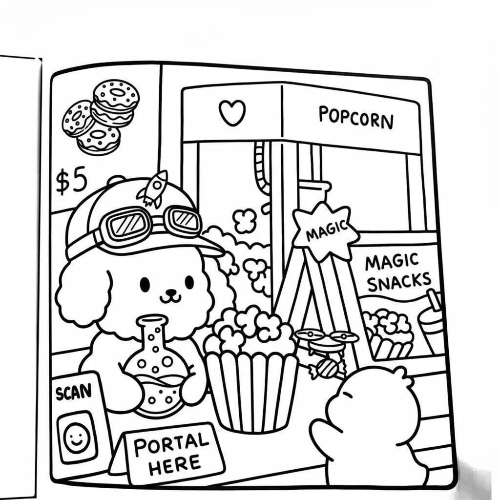 Ausmalbild: Coco Wyo am Popcorn-Stand