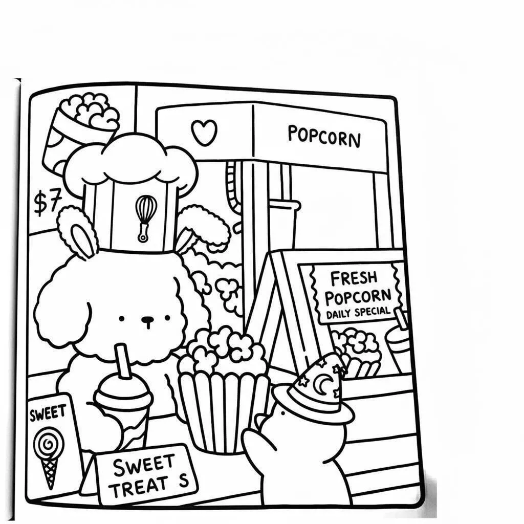Ausmalbild: Coco Wyo am Popcorn-Stand