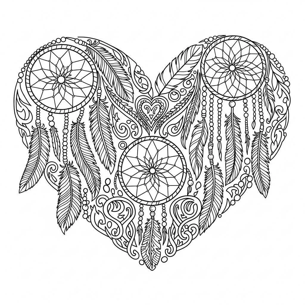 Desenho de Coração com Sonhos e Penas para Colorir