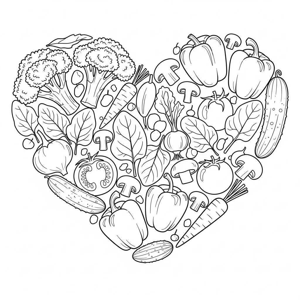 Desenho de Coração com Legumes para Colorir