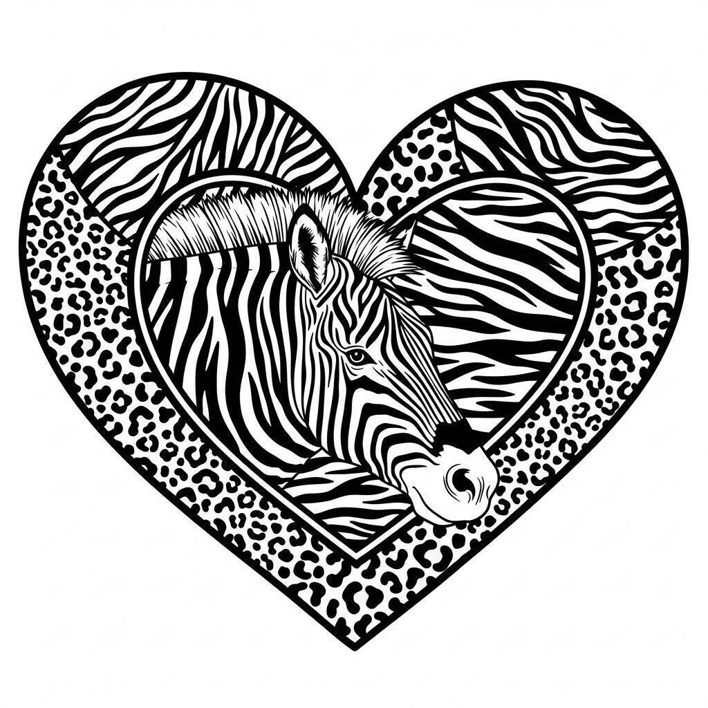 Desenho de Coração com Zebra para Colorir