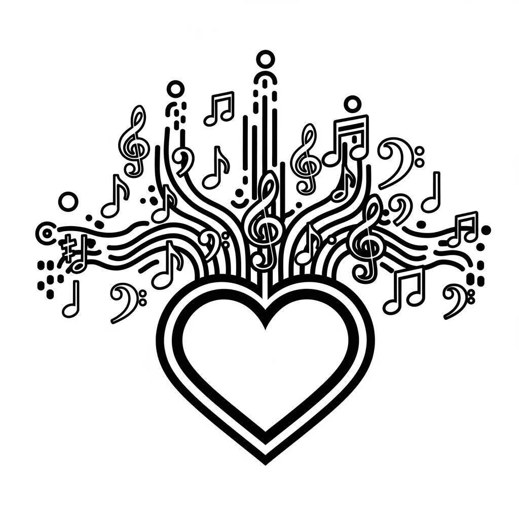 Desenho de Coração com Notas Musicais para Colorir