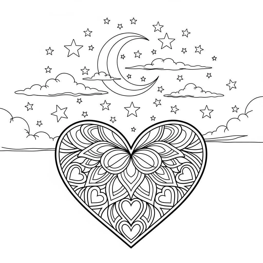 Desenho de Coração com Lua e Estrelas para Colorir