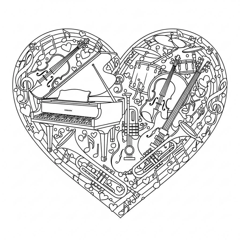Desenho de Coração com Instrumentos Musicais para Colorir