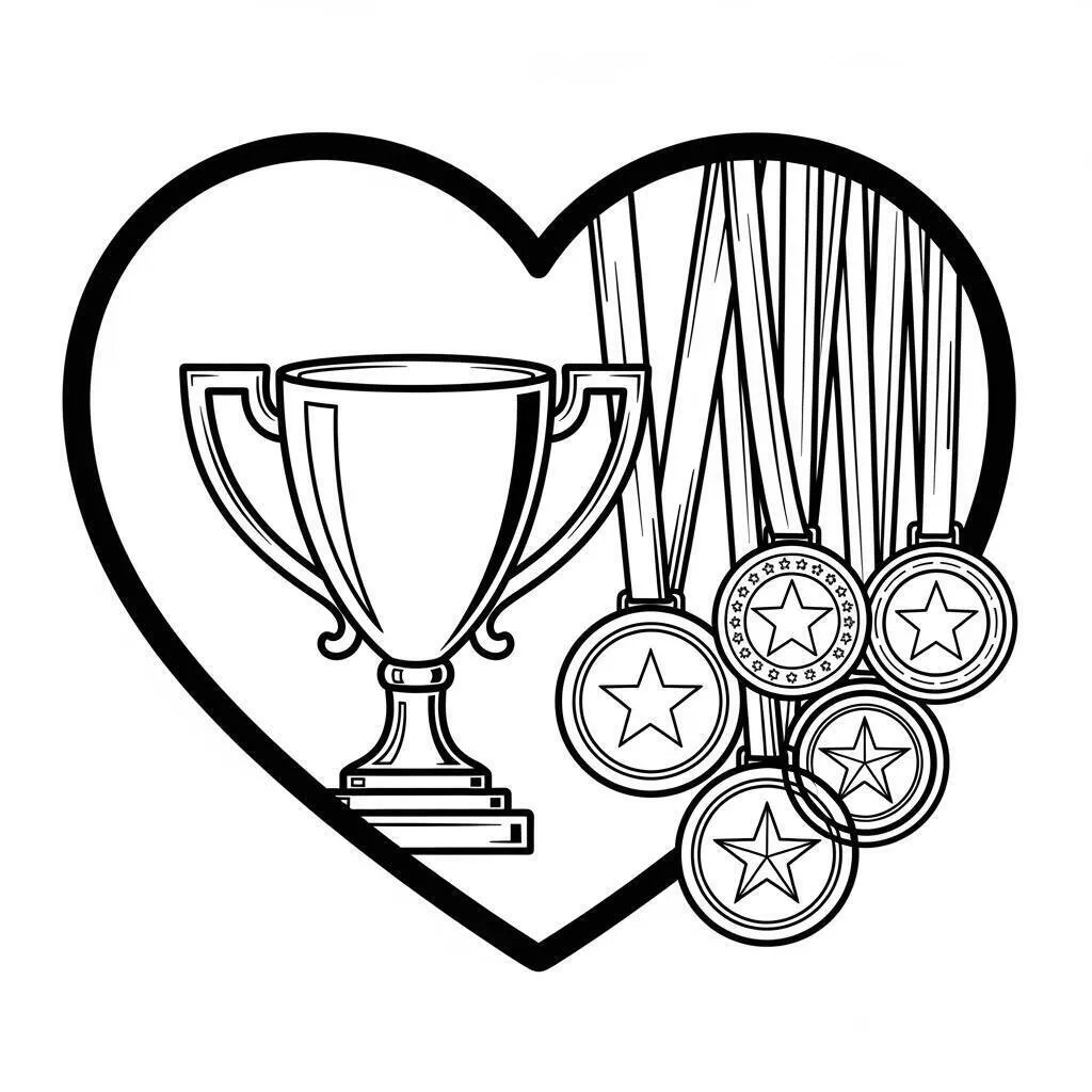 Desenho de Coração com Troféu e Medalhas para Colorir