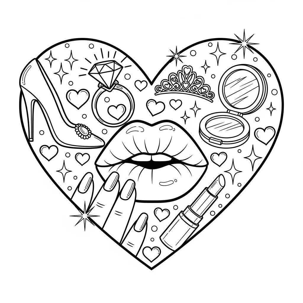 Desenho de Coração Glamouroso com Maquiagem e Acessórios para Colorir