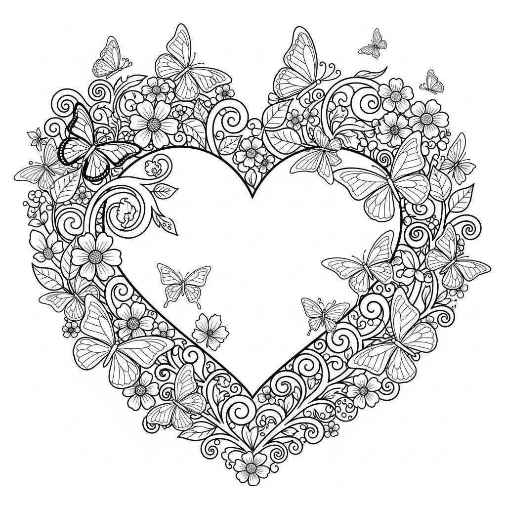 Desenho de Coração Decorado com Borboletas e Flores para Colorir