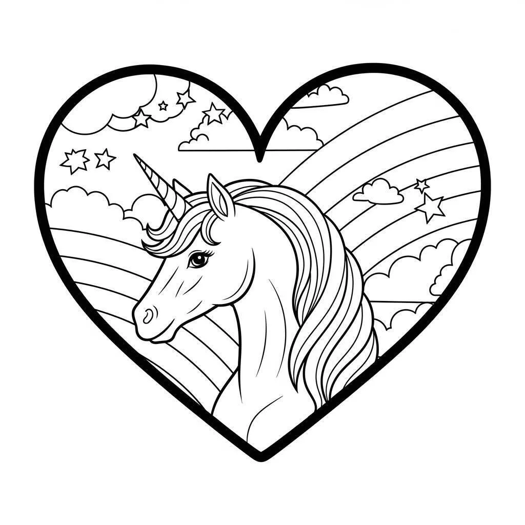 Desenho de Coração com Unicórnio e Arco Íris para Colorir
