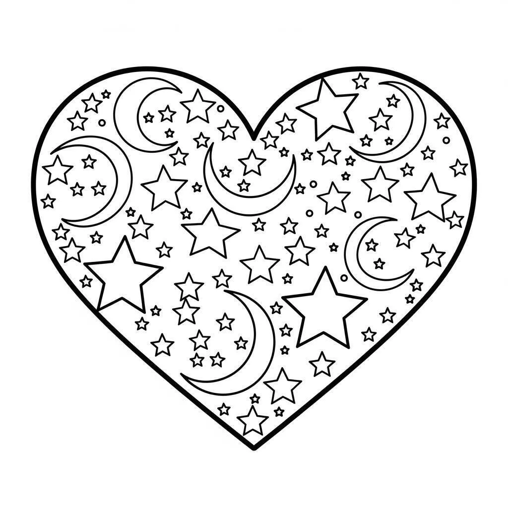 Desenho de Coração com Estrelas e Luas para Colorir