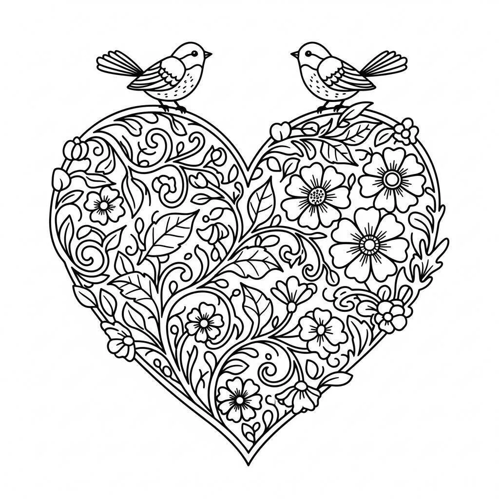 Desenho de Coração Floral com Pássaros para Colorir