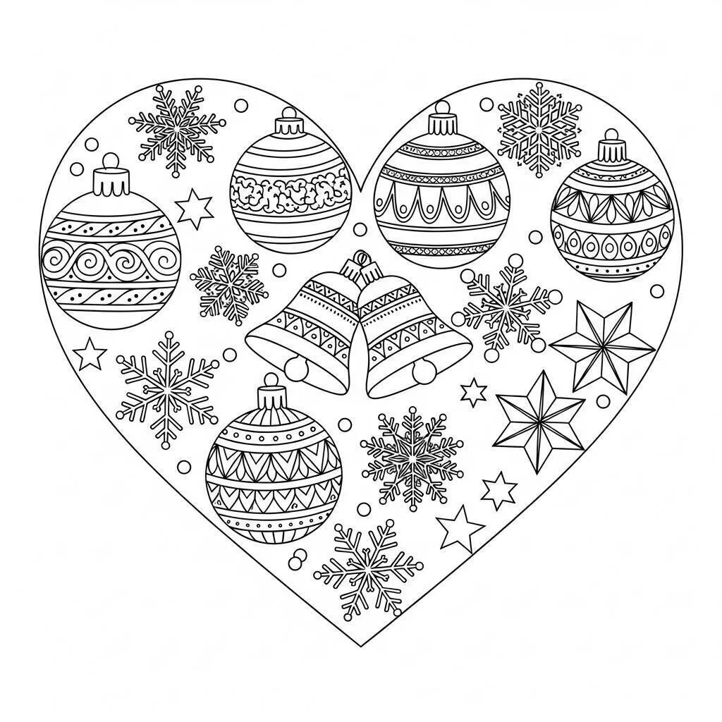 Desenho de Coração Decorado com Enfeites de Natal para Colorir