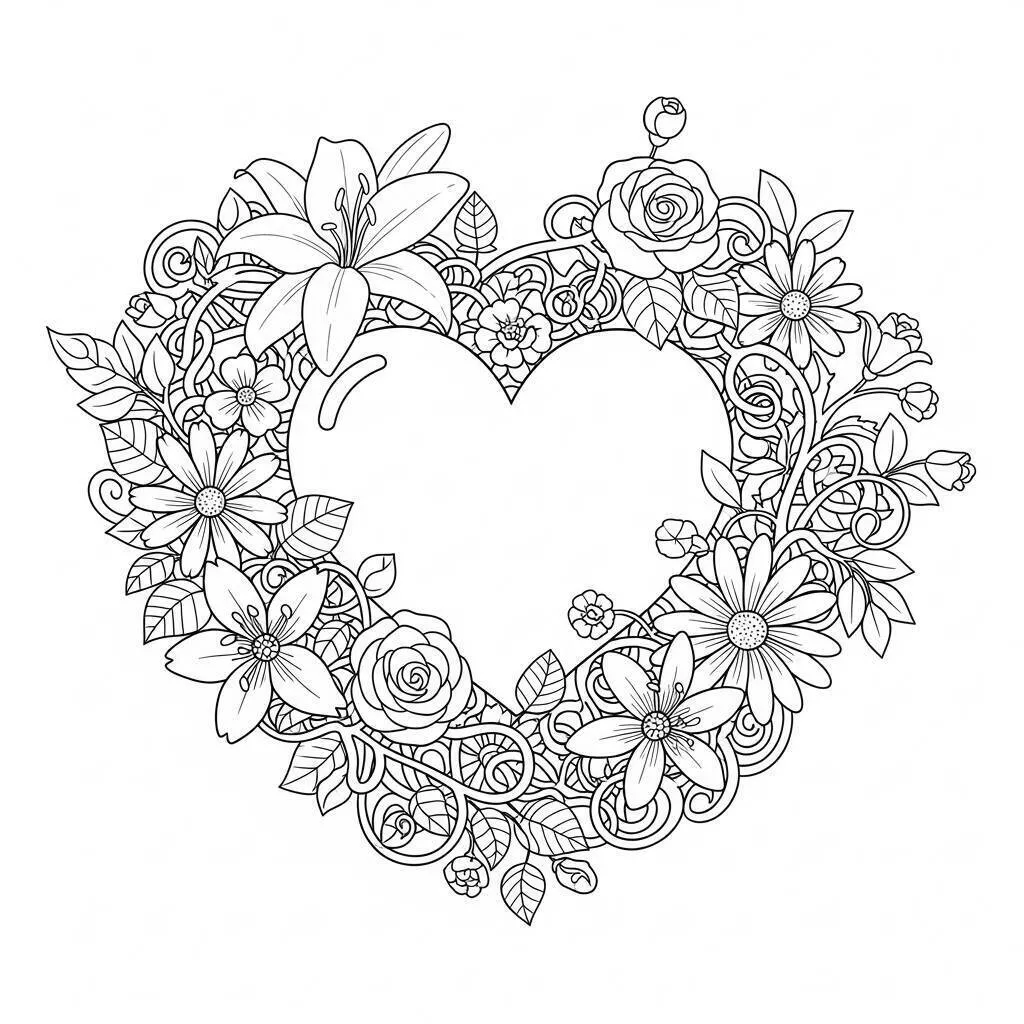 Desenho de Coração Floral para Colorir