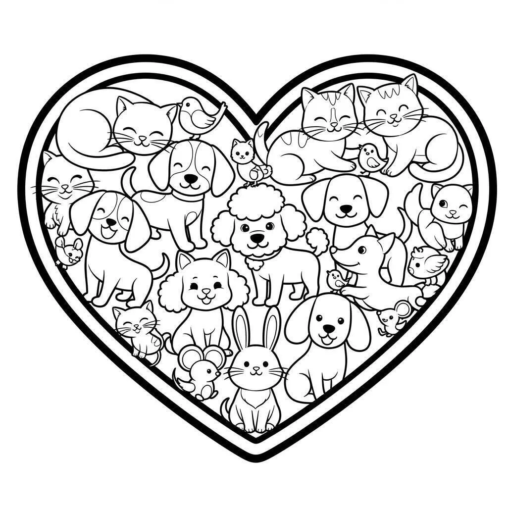 Desenho de Coração com Animais Fofo para Colorir