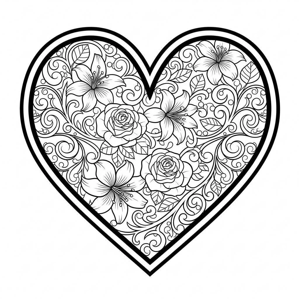 Desenho de Coração Floral para Colorir