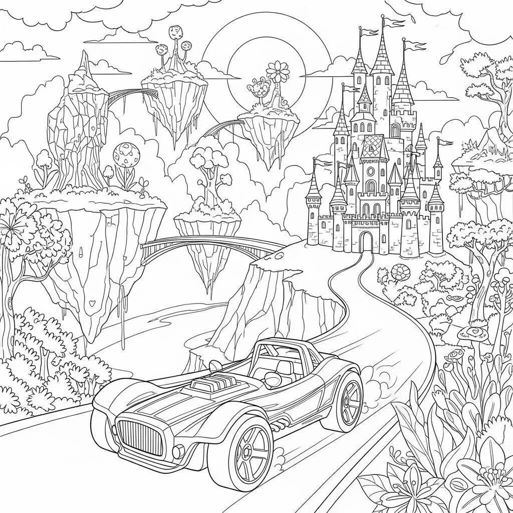 Hot Wheels Car in Fairytale Landscape Coloring Page