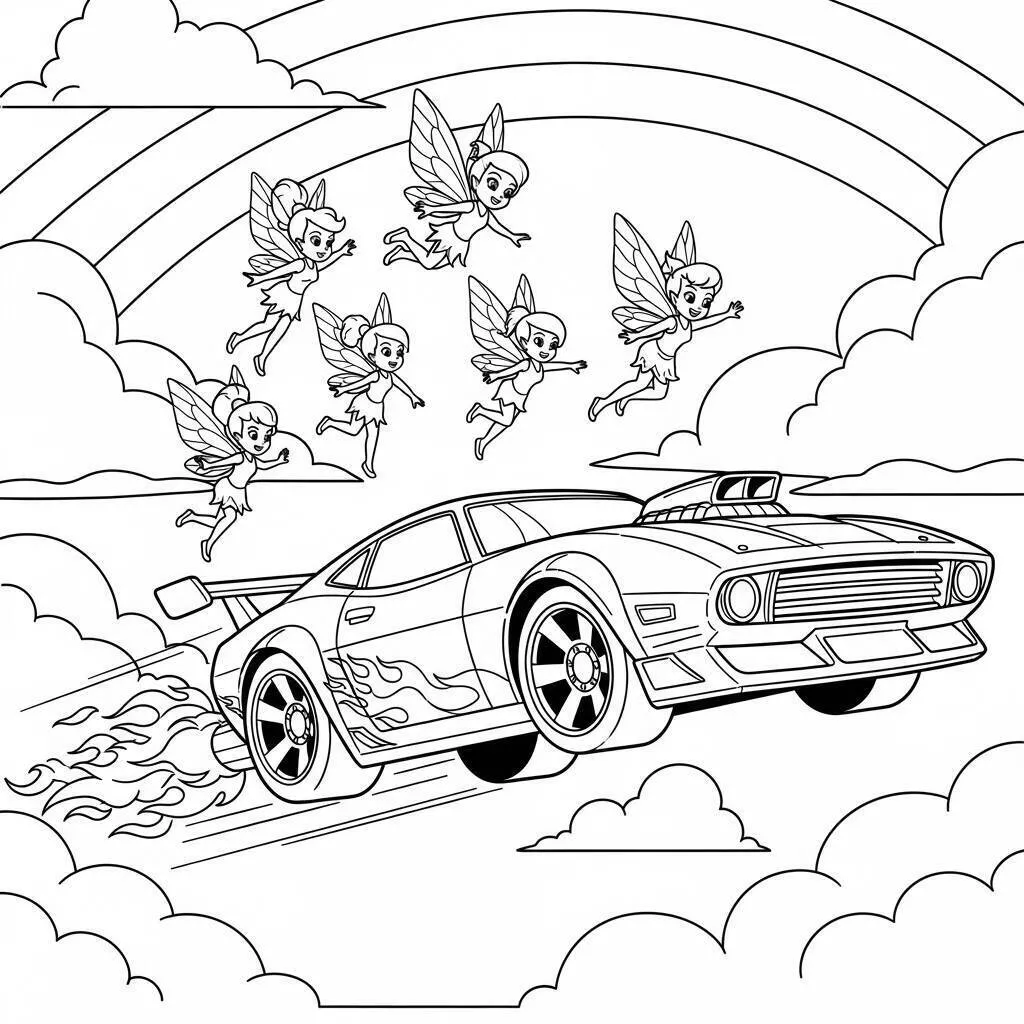 Hot Wheels Racing Car with Fairies Coloring Page