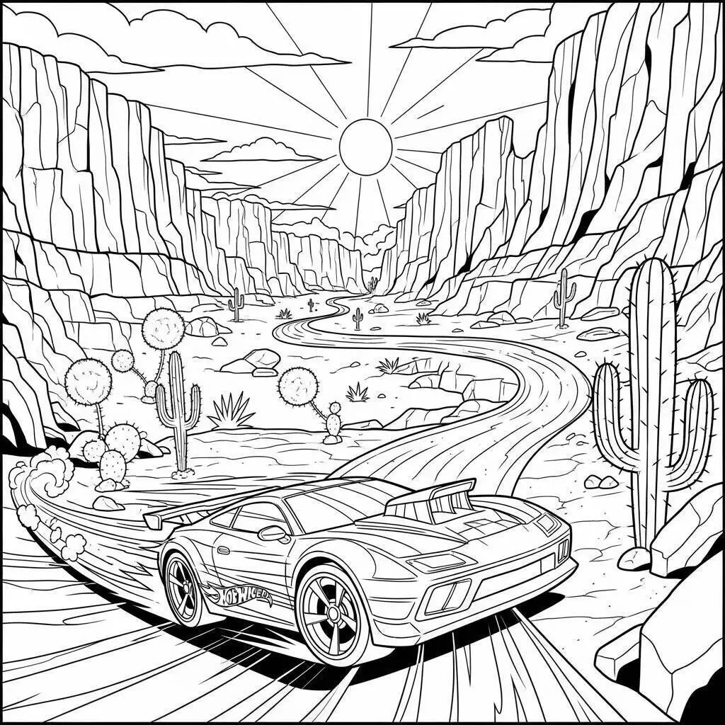Hot Wheels Racing Car in Desert Landscape Coloring Page