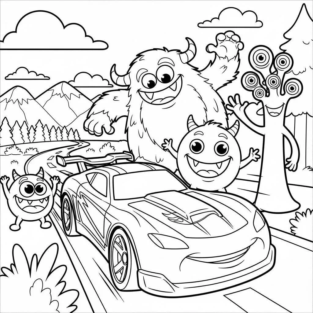 Hot Wheels Racing Car with Monsters Coloring Page