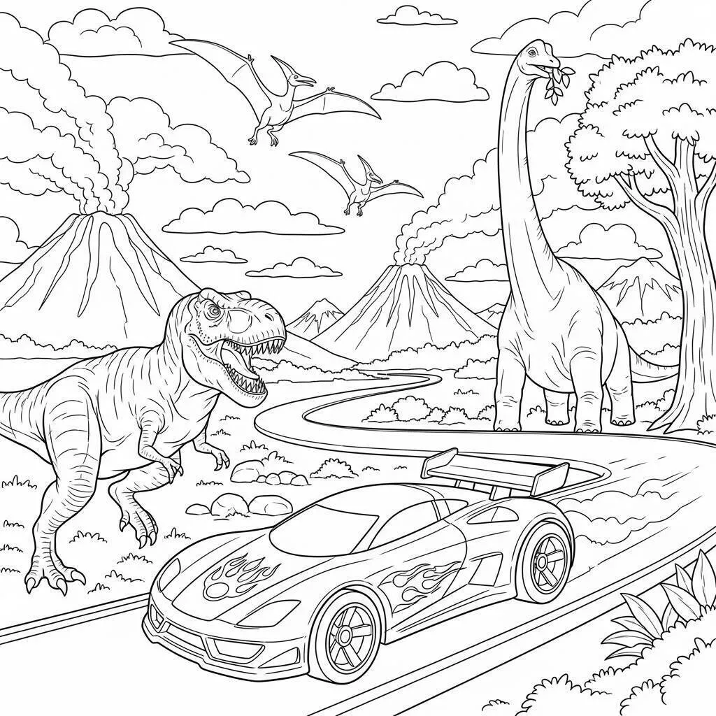 Hot Wheels Racing Car with Dinosaurs Coloring Page