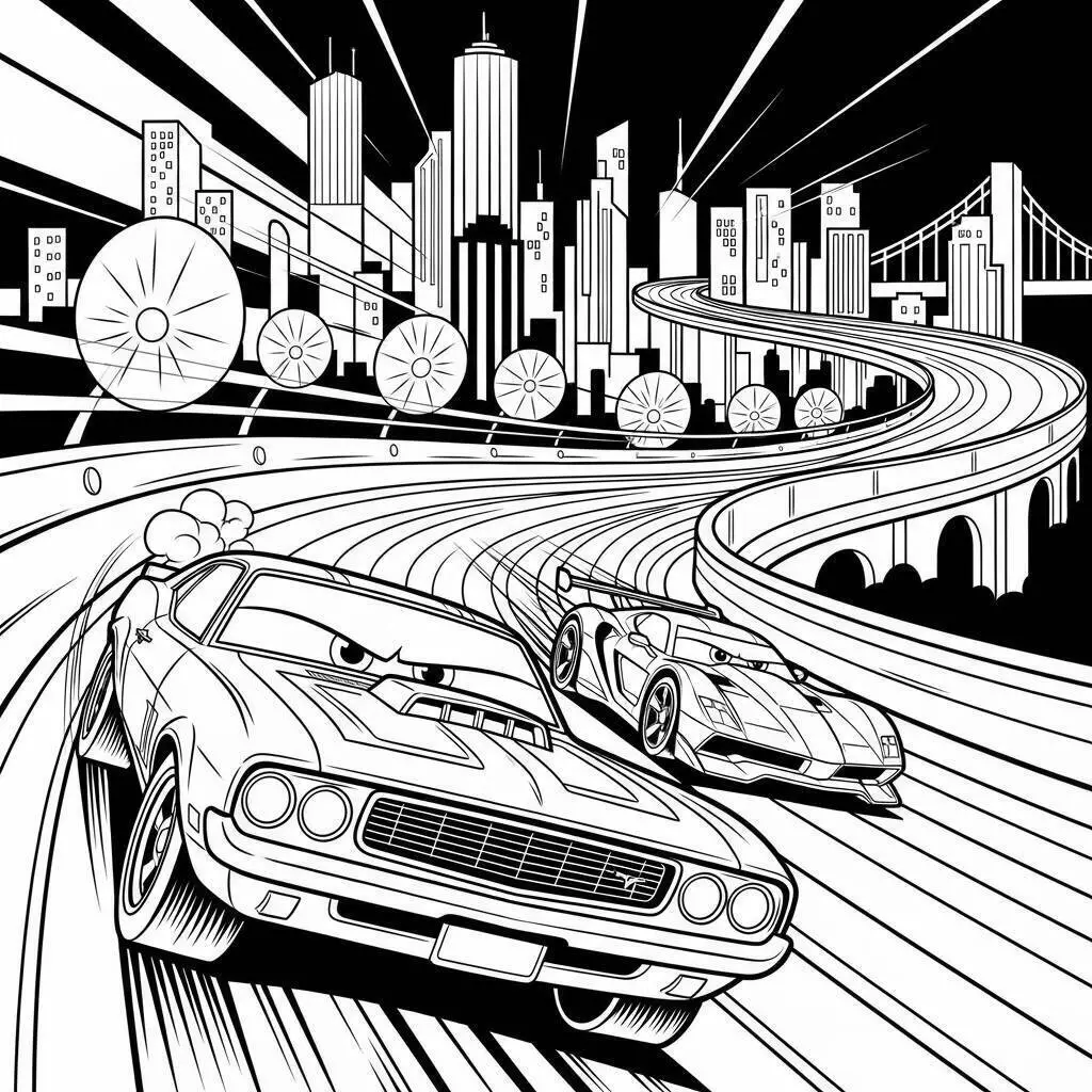 Hot Wheels Cars Racing in the City Coloring Page