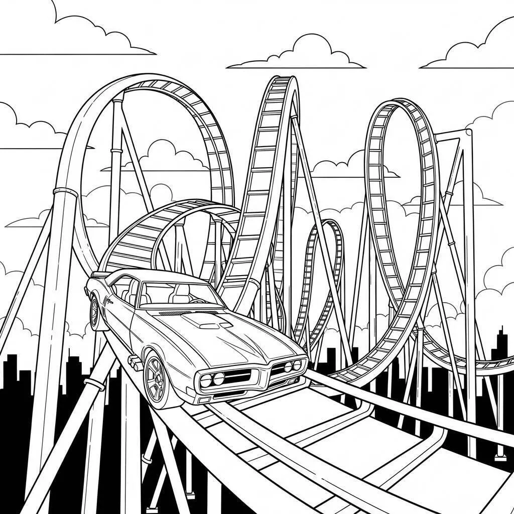 Desenho de Hot Wheels Carro Clássico na Montanha Russa para Colorir