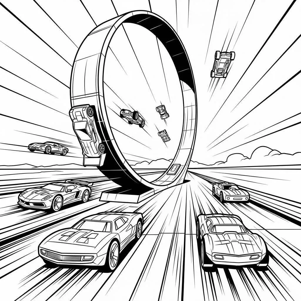 Desenho de Hot Wheels Carros em Ação com Pista de Loop para Colorir