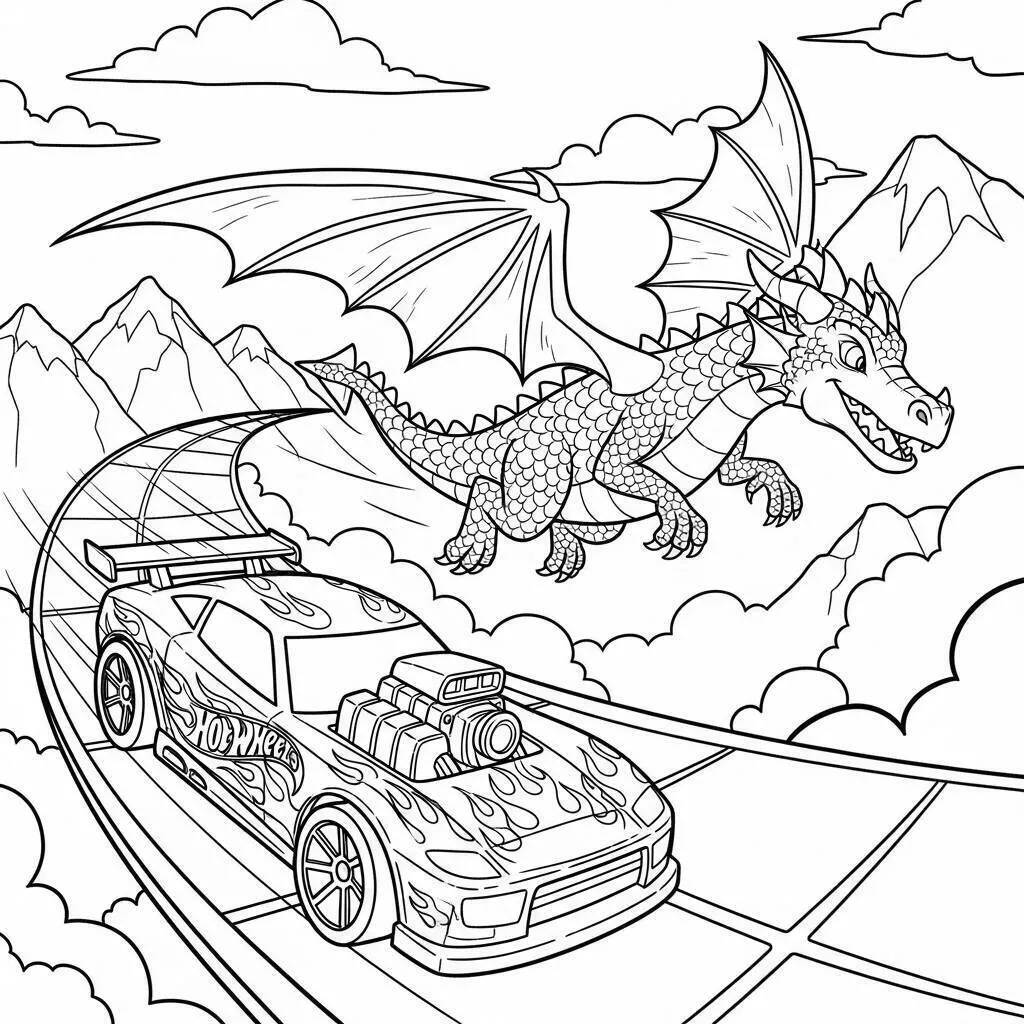 Desenho de Hot Wheels Carro em Corrida com Dragão para Colorir
