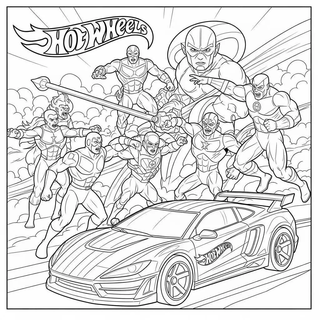 Desenho de Hot Wheels Carro de Corrida com Super Heróis para Colorir