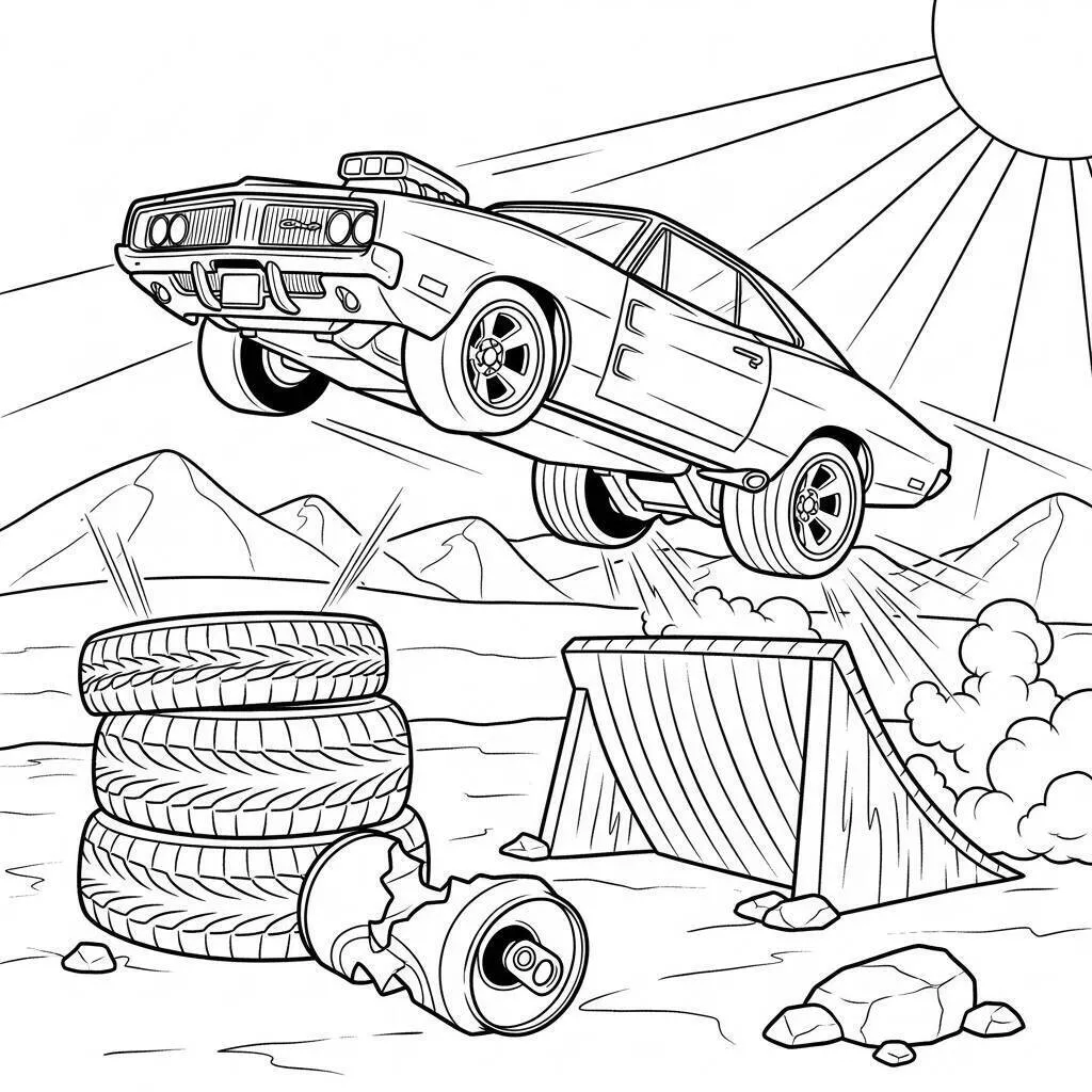 Hot Wheels Car Jumping Over Obstacles Coloring Page