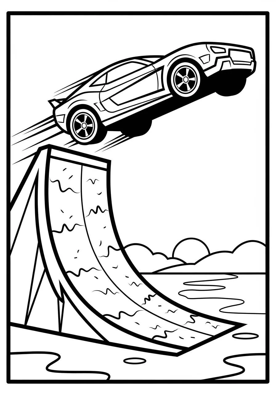 Hot Wheels Car Jumping on Ramps Coloring Page