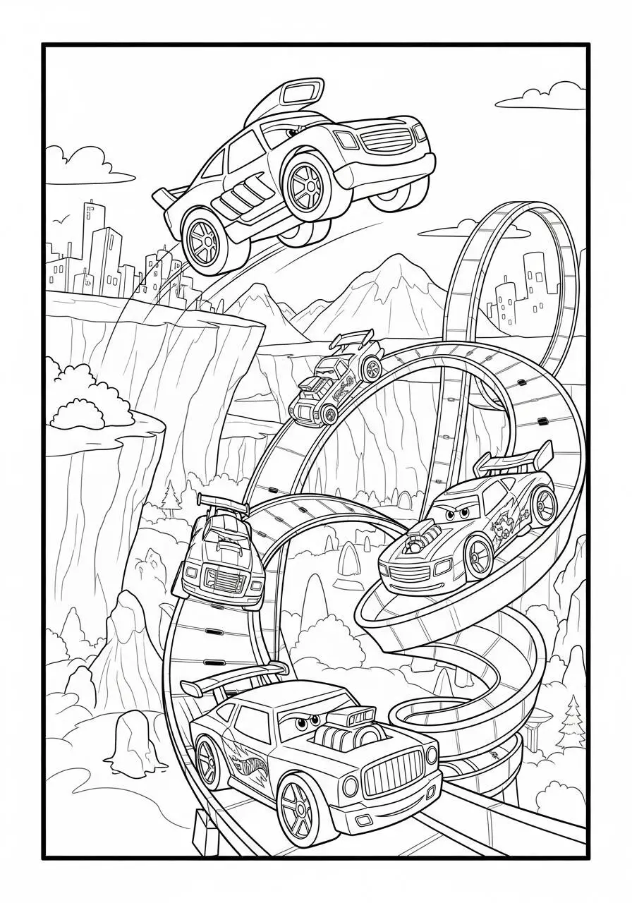 Hot Wheels Cars in Action on the Track Coloring Page
