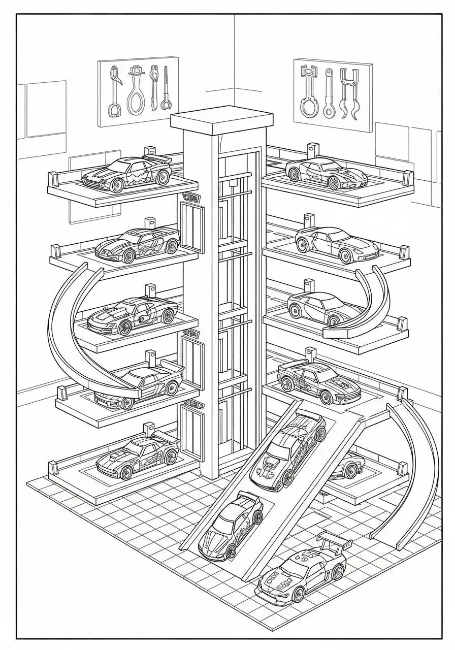 Hot Wheels with Parking and Track Coloring Page
