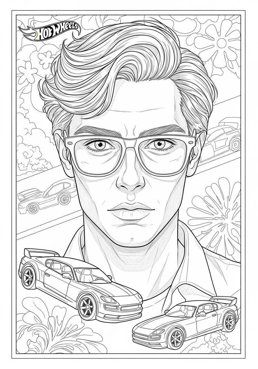 Hot Wheels with Cars and Character Coloring Page