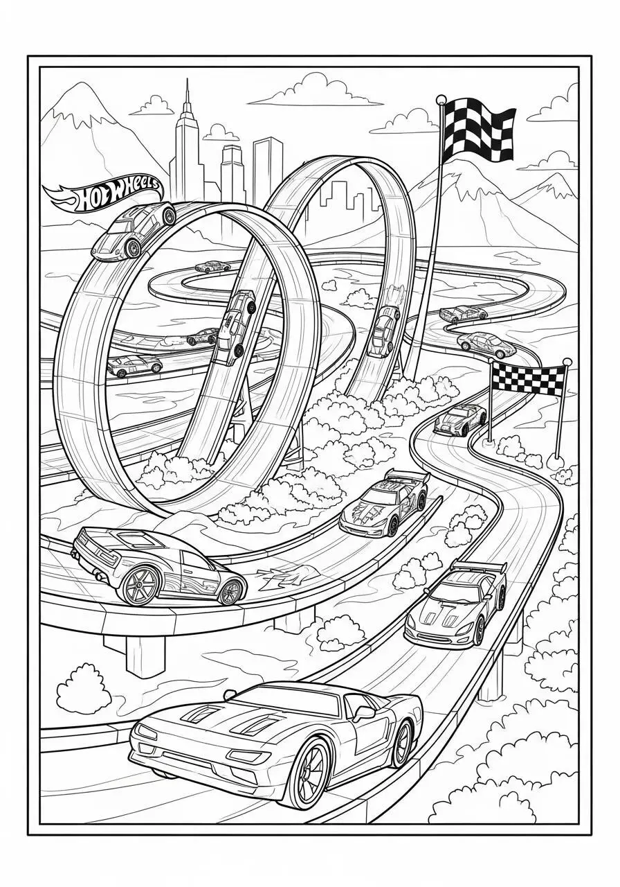 Desenho de Hot Wheels Pista Radical com Loopings para Colorir